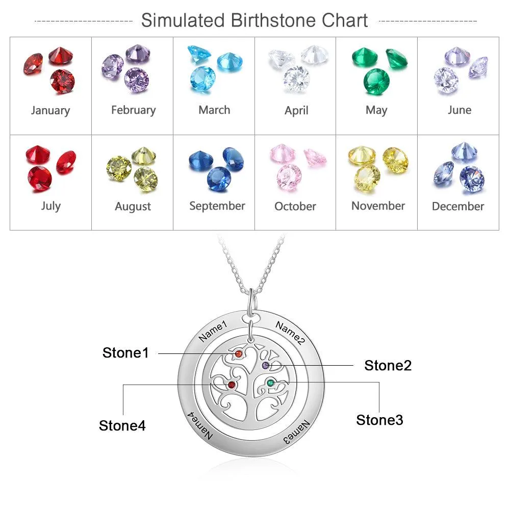 Personalized Stainless Steel Tree Of Life 4 Names & Birthstones Engraved Pendant Necklace, Fashion Jewelry Gift for Women