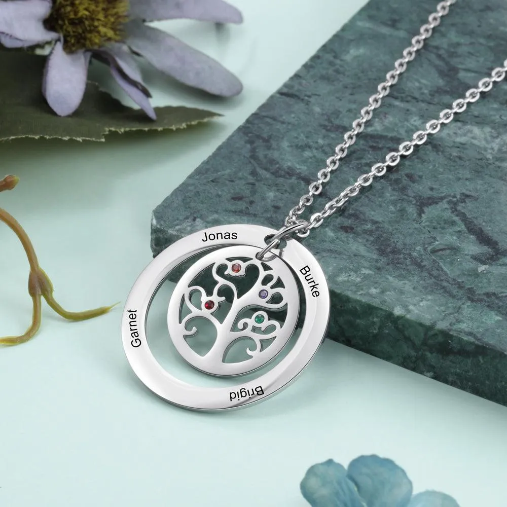 Personalized Stainless Steel Tree Of Life 4 Names & Birthstones Engraved Pendant Necklace, Fashion Jewelry Gift for Women