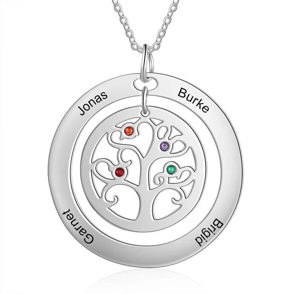 Personalized Stainless Steel Tree Of Life 4 Names & Birthstones Engraved Pendant Necklace, Fashion Jewelry Gift for Women