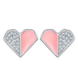 Pink Enamel Heart Silver Stud Earrings