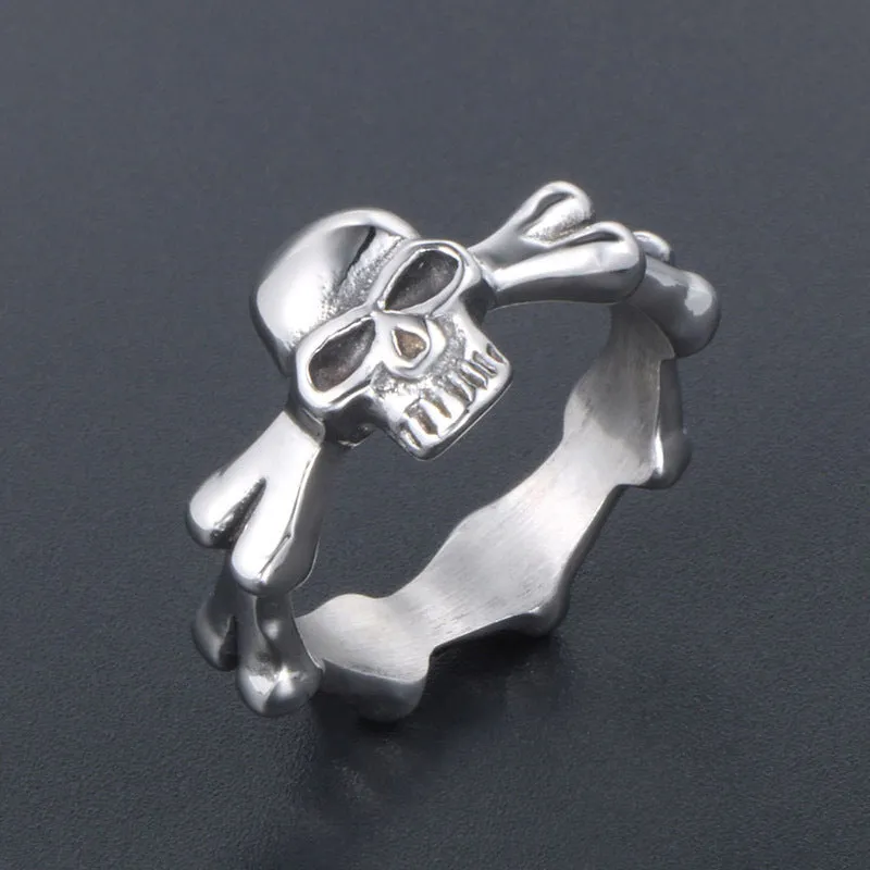 Punk-Inspired Personalized Titanium Steel Skull and Bone Ring for Men and Women