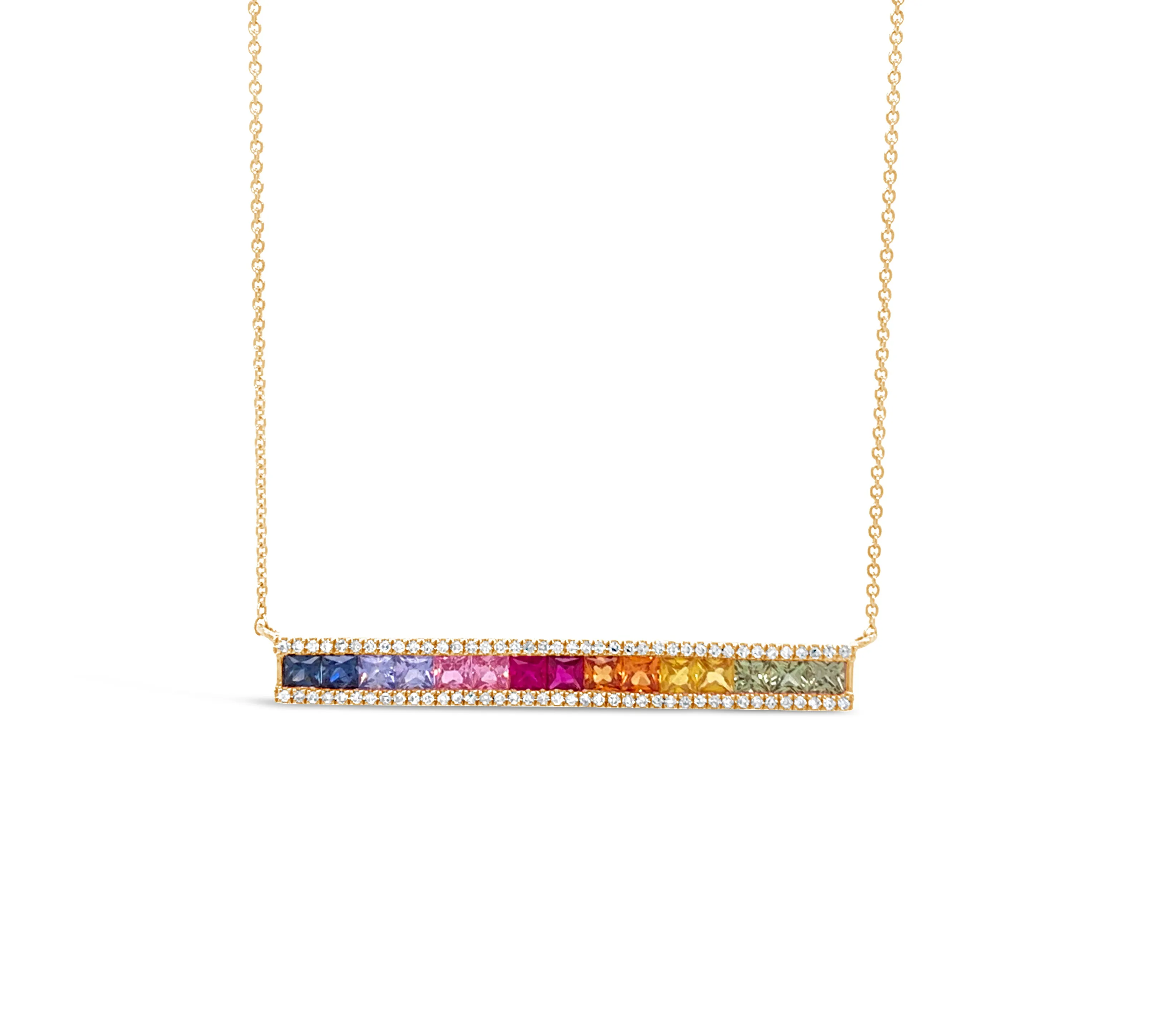 Rainbow Gemstone & Diamond Baguette Bar Necklace