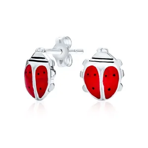 Red Enamel Ladybug Stud Earrings in Sterling Silver - Lucky Garden Insect Design