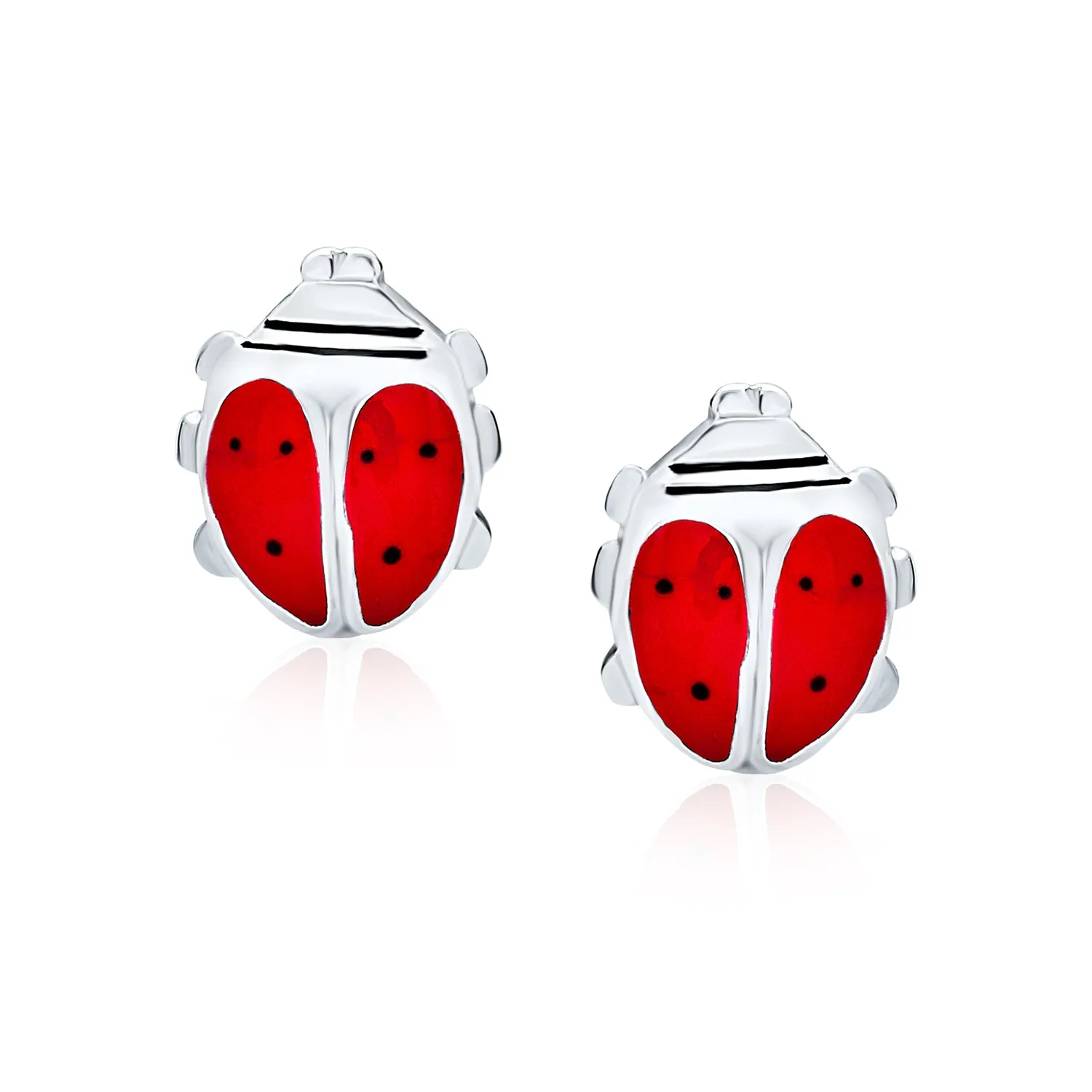 Red Enamel Ladybug Stud Earrings in Sterling Silver - Lucky Garden Insect Design