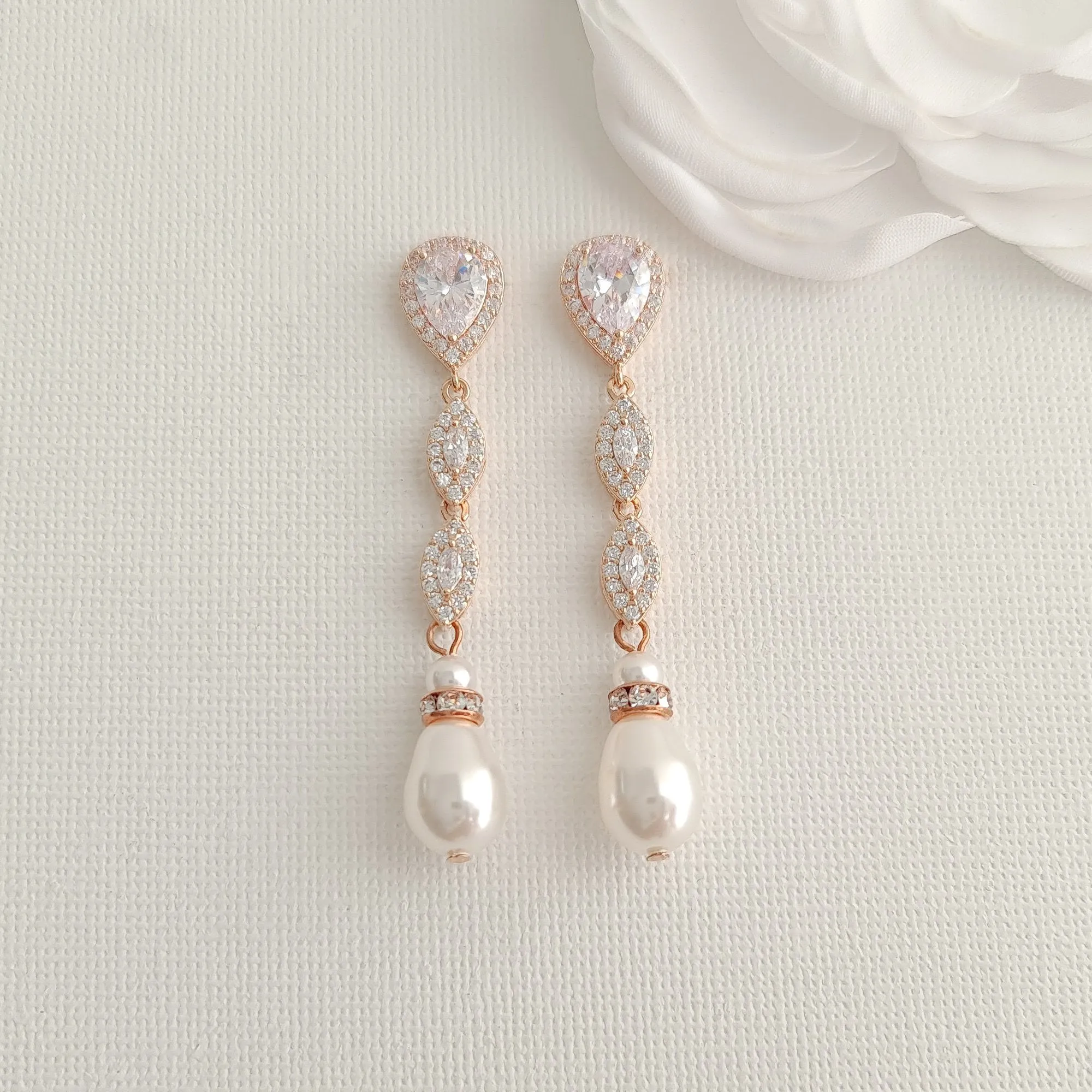 Slim Gold and Pearl Drop Earrings-Abby