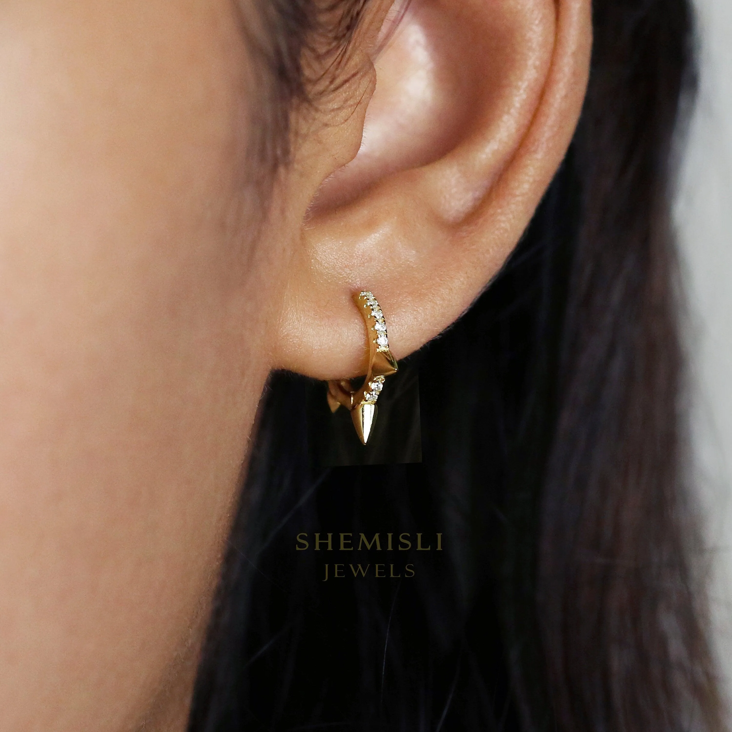 Spike CZ Hoop Earrings, Huggies, Gold, Silver SHEMISLI SH095