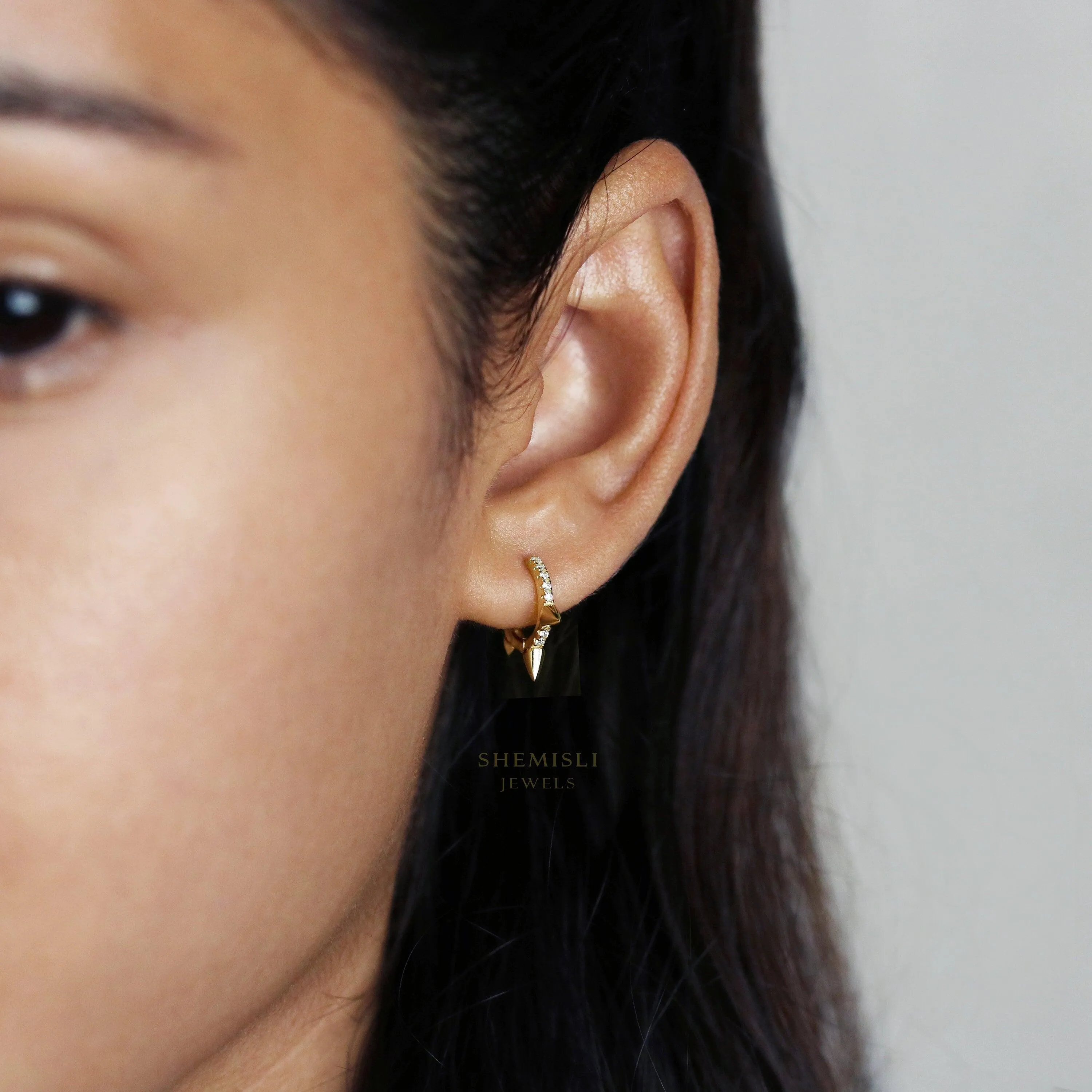 Spike CZ Hoop Earrings, Huggies, Gold, Silver SHEMISLI SH095