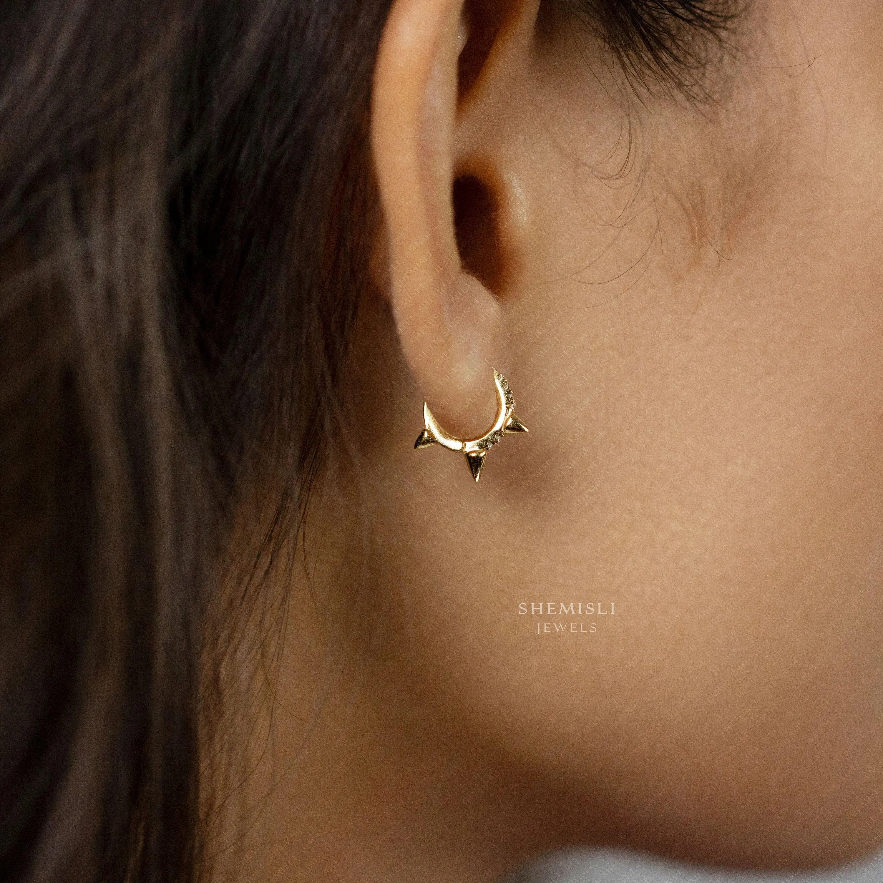 Spike CZ Hoop Earrings, Huggies, Gold, Silver SHEMISLI SH095