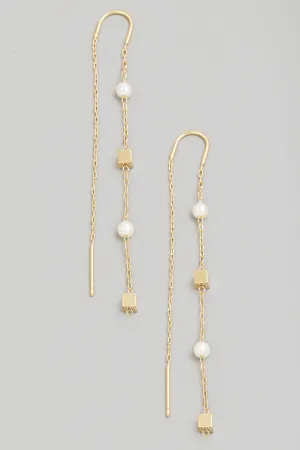 Square & Pearl Thread Delicate Drop Earrings in Gold