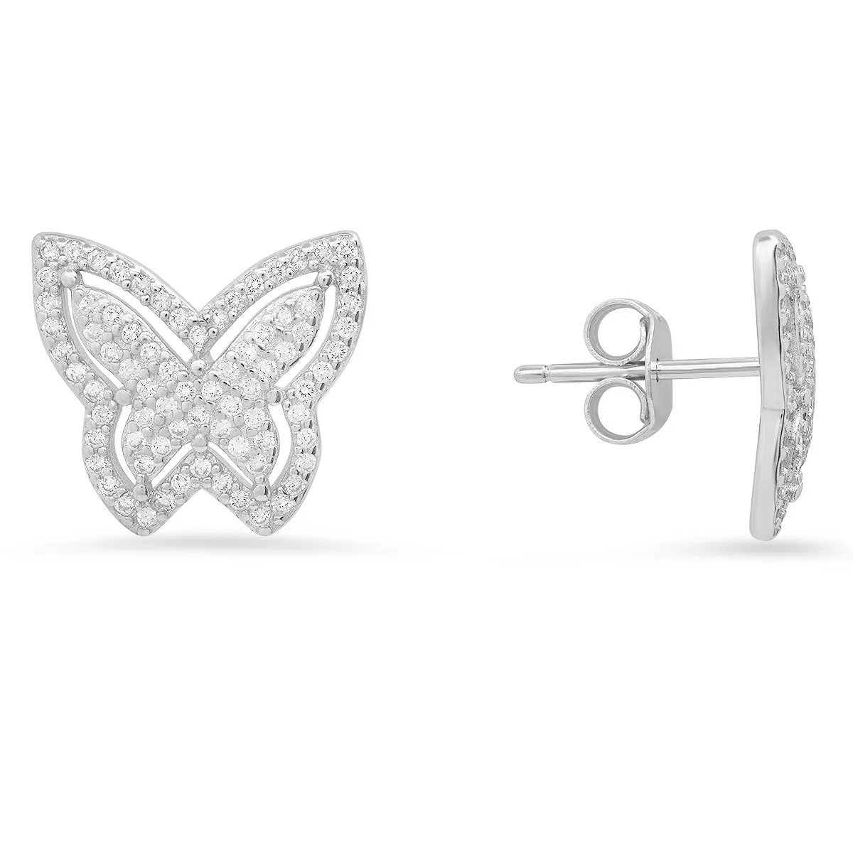 Sterling Silver Pave Butterfly CZ Stud Earrings