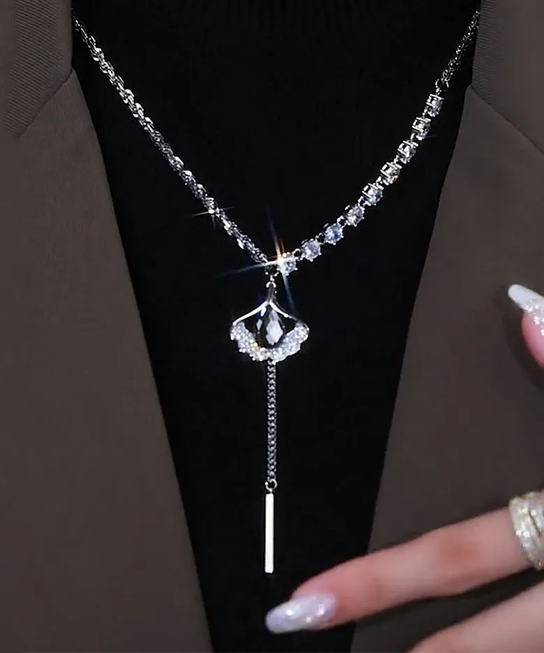 Style Silk Sterling Silver Zircon Ginkgo Leaf Tassel Lariat Necklace GH1004