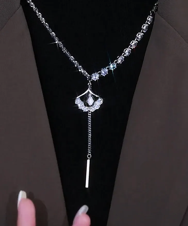 Style Silk Sterling Silver Zircon Ginkgo Leaf Tassel Lariat Necklace GH1004