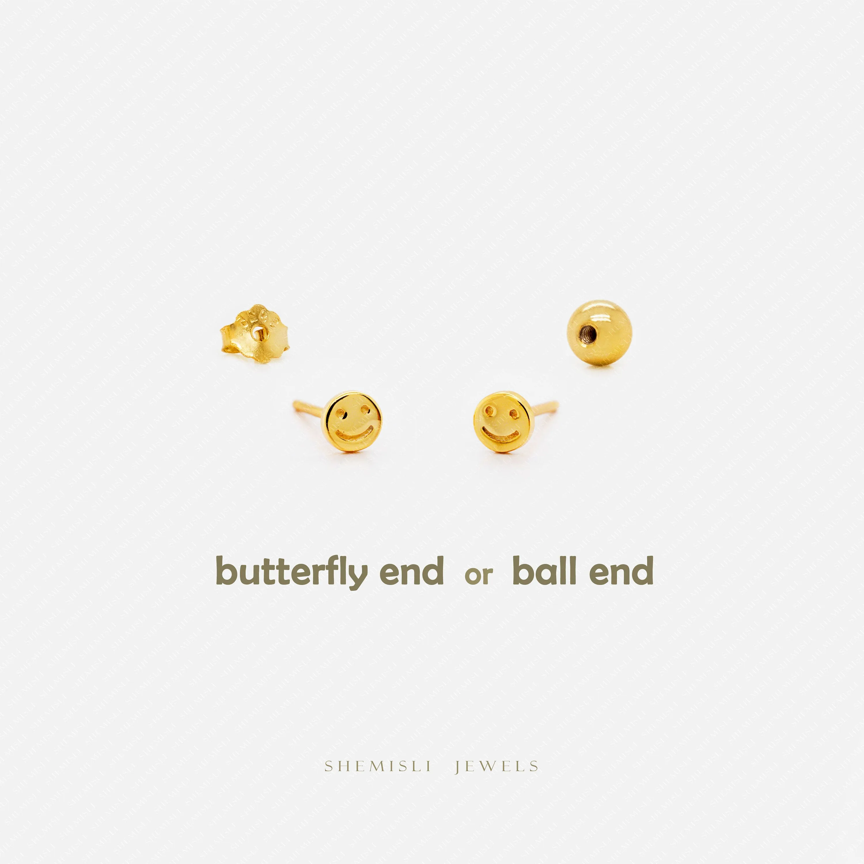 Tiny Smiley Face Stud Earrings, Unisex, Gold, Silver SHEMISLI SS663 Butterfly End, SS664 Screw Ball End (Type A)