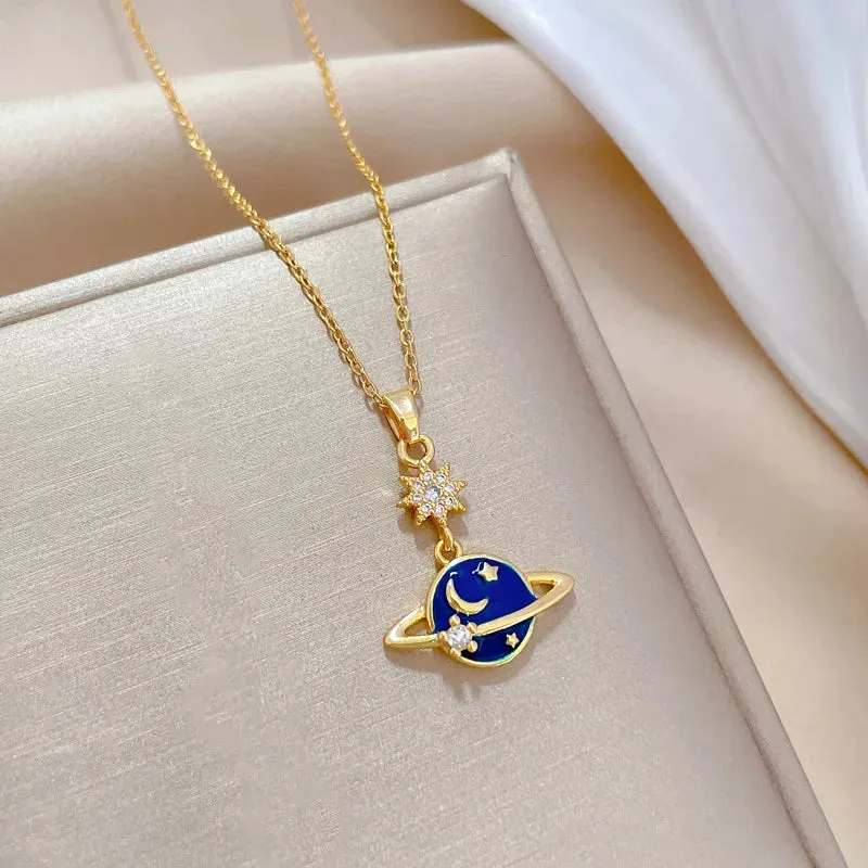 （Titanium Steel） Luxurious and Elegant  Galaxy Necklace for Women - Chic Blue Starry Sky Collarbone Chain