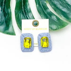 Truly Tropical Raffia Rectangle Earrings in Periwinkle Blue With Yellow Crystal