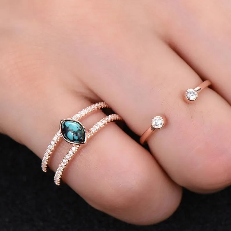 Turquoise Ring Vintage Turquoise Wedding Ring Set 4x6mm Marquise December Birthstone Unique Diamond Band Rose Gold Ring Set