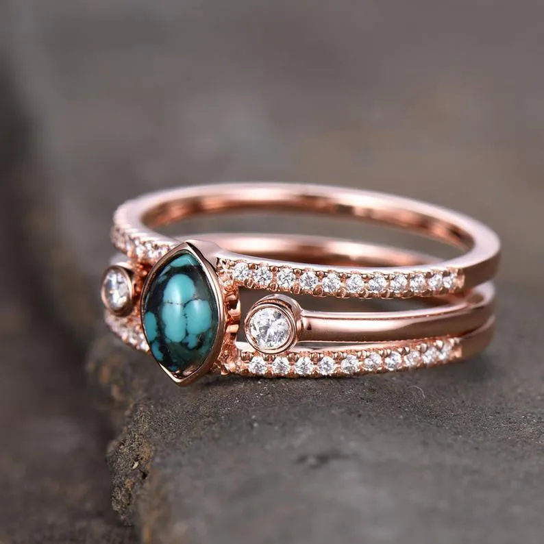 Turquoise Ring Vintage Turquoise Wedding Ring Set 4x6mm Marquise December Birthstone Unique Diamond Band Rose Gold Ring Set