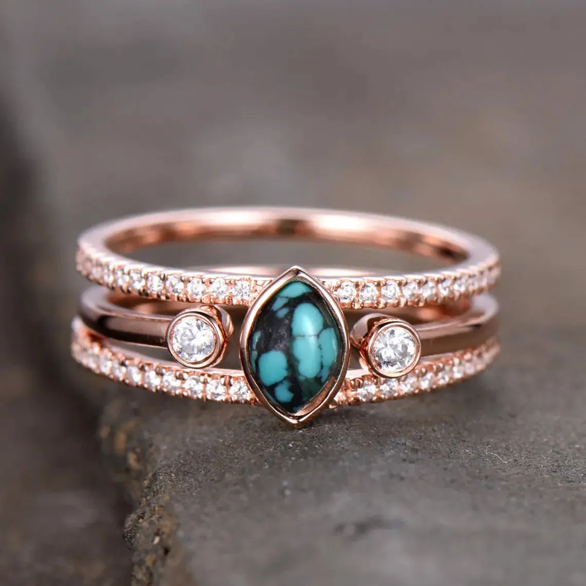 Turquoise Ring Vintage Turquoise Wedding Ring Set 4x6mm Marquise December Birthstone Unique Diamond Band Rose Gold Ring Set