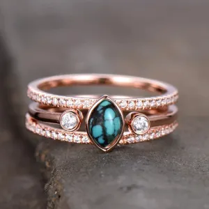 Turquoise Ring Vintage Turquoise Wedding Ring Set 4x6mm Marquise December Birthstone Unique Diamond Band Rose Gold Ring Set