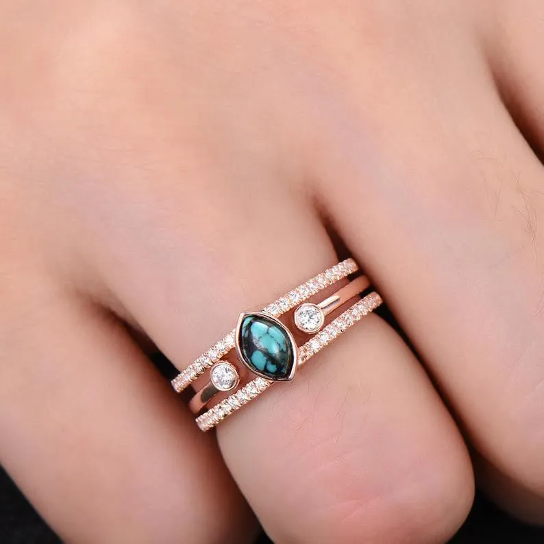 Turquoise Ring Vintage Turquoise Wedding Ring Set 4x6mm Marquise December Birthstone Unique Diamond Band Rose Gold Ring Set