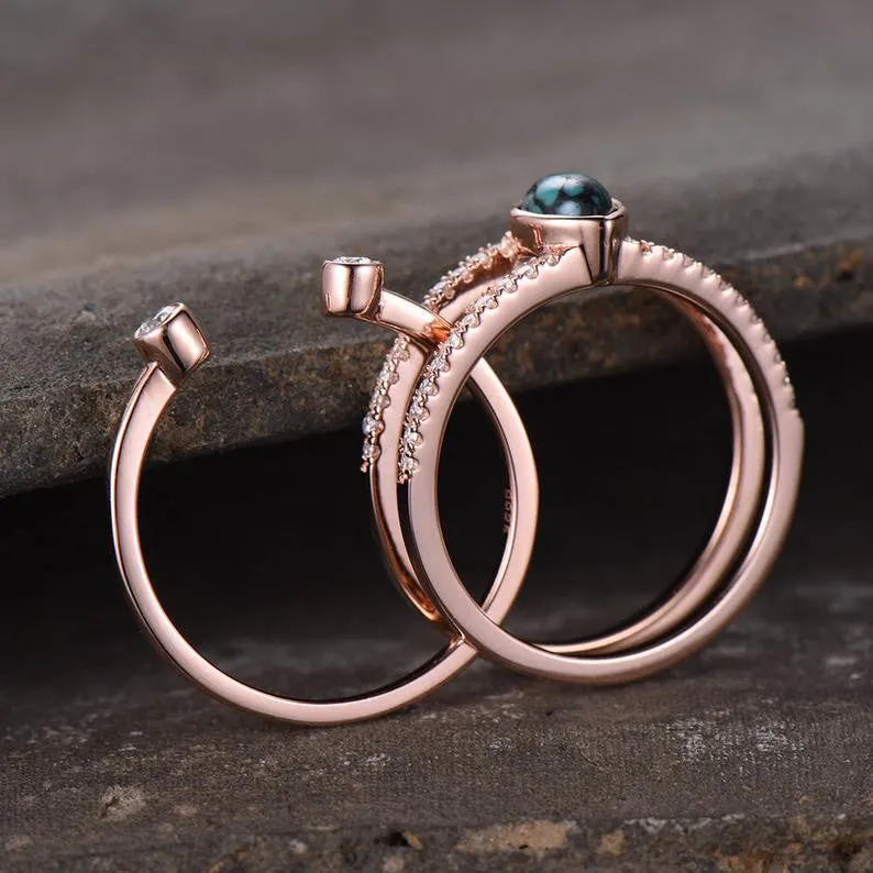 Turquoise Ring Vintage Turquoise Wedding Ring Set 4x6mm Marquise December Birthstone Unique Diamond Band Rose Gold Ring Set