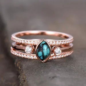 Turquoise Ring Vintage Turquoise Wedding Ring Set 4x6mm Marquise December Birthstone Unique Diamond Band Rose Gold Ring Set