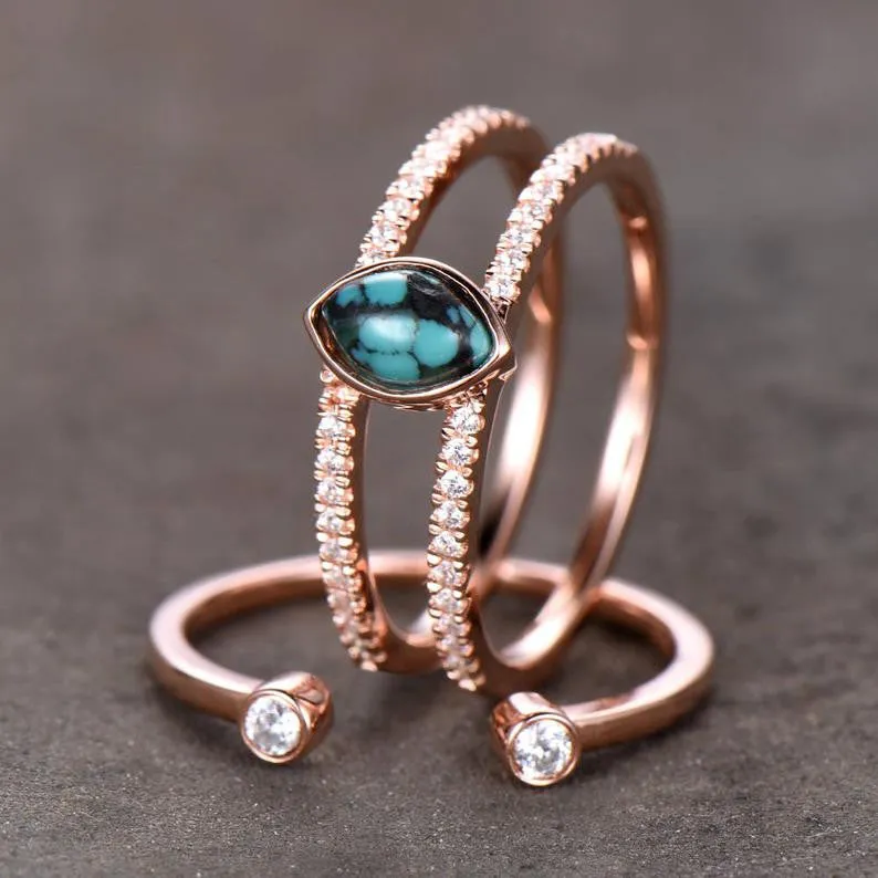 Turquoise Ring Vintage Turquoise Wedding Ring Set 4x6mm Marquise December Birthstone Unique Diamond Band Rose Gold Ring Set