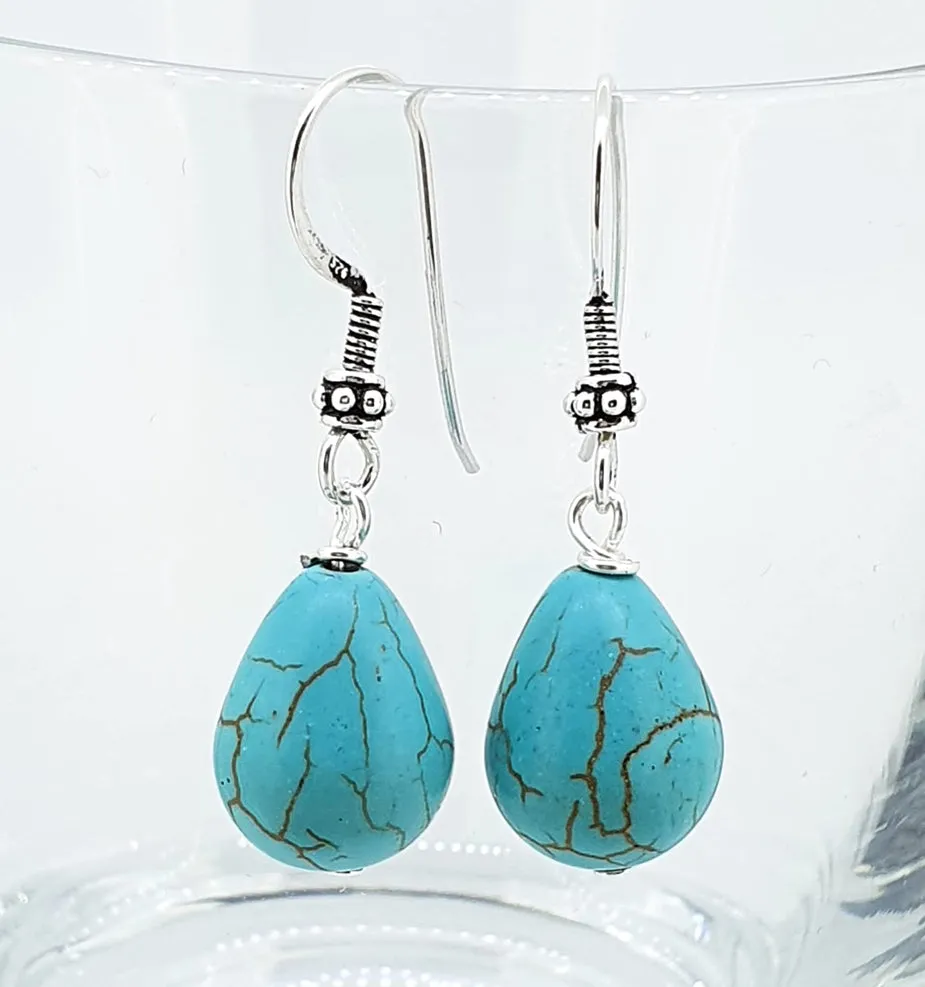 Women's Blue Turquoise Gemstone Dangle Drop Earrings with 925 Silver Hooks