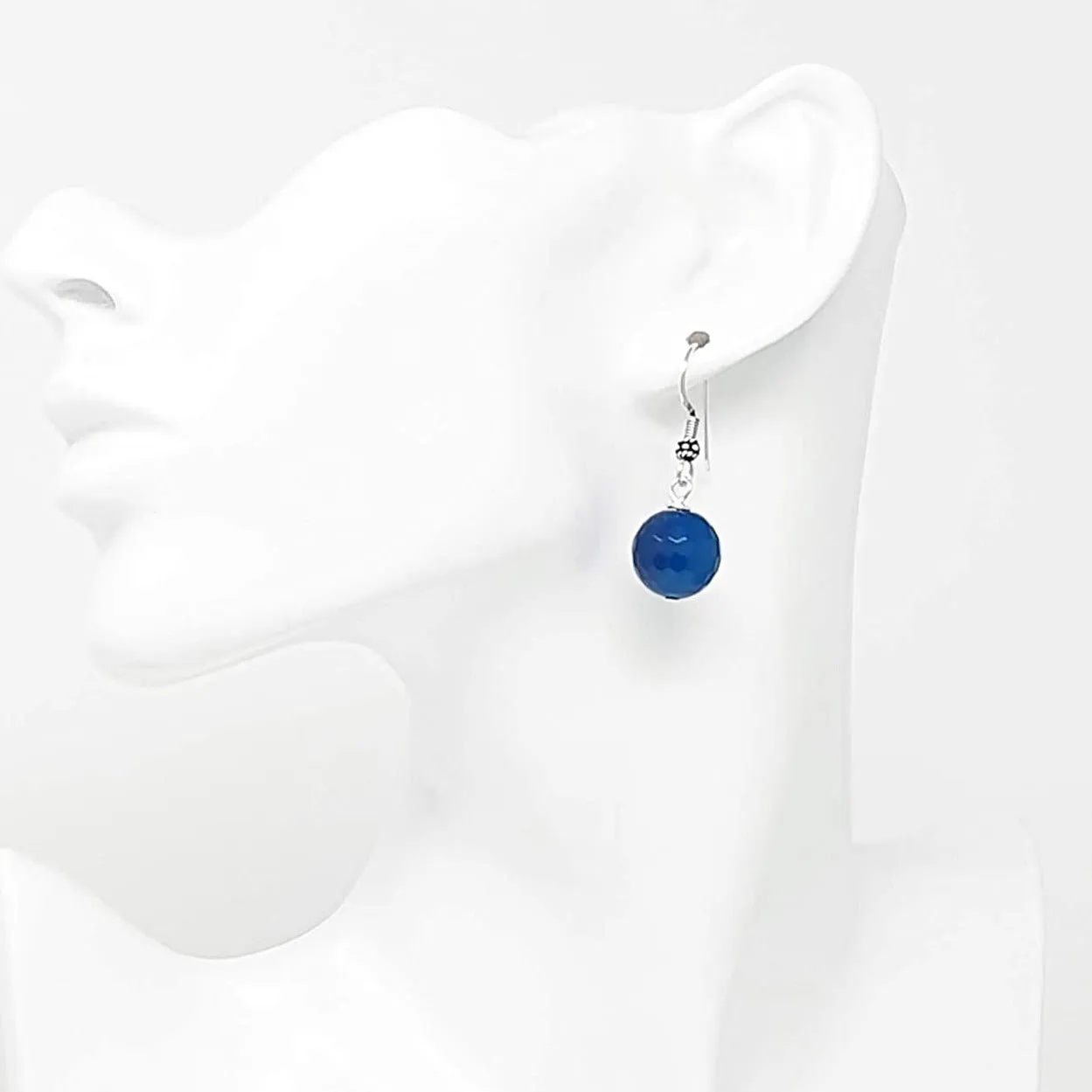 Women's Handmade 12mm Blue Agate Gemstone and Sterling Silver Dangle Drop Earrings