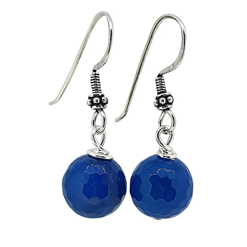 Women's Handmade 12mm Blue Agate Gemstone and Sterling Silver Dangle Drop Earrings