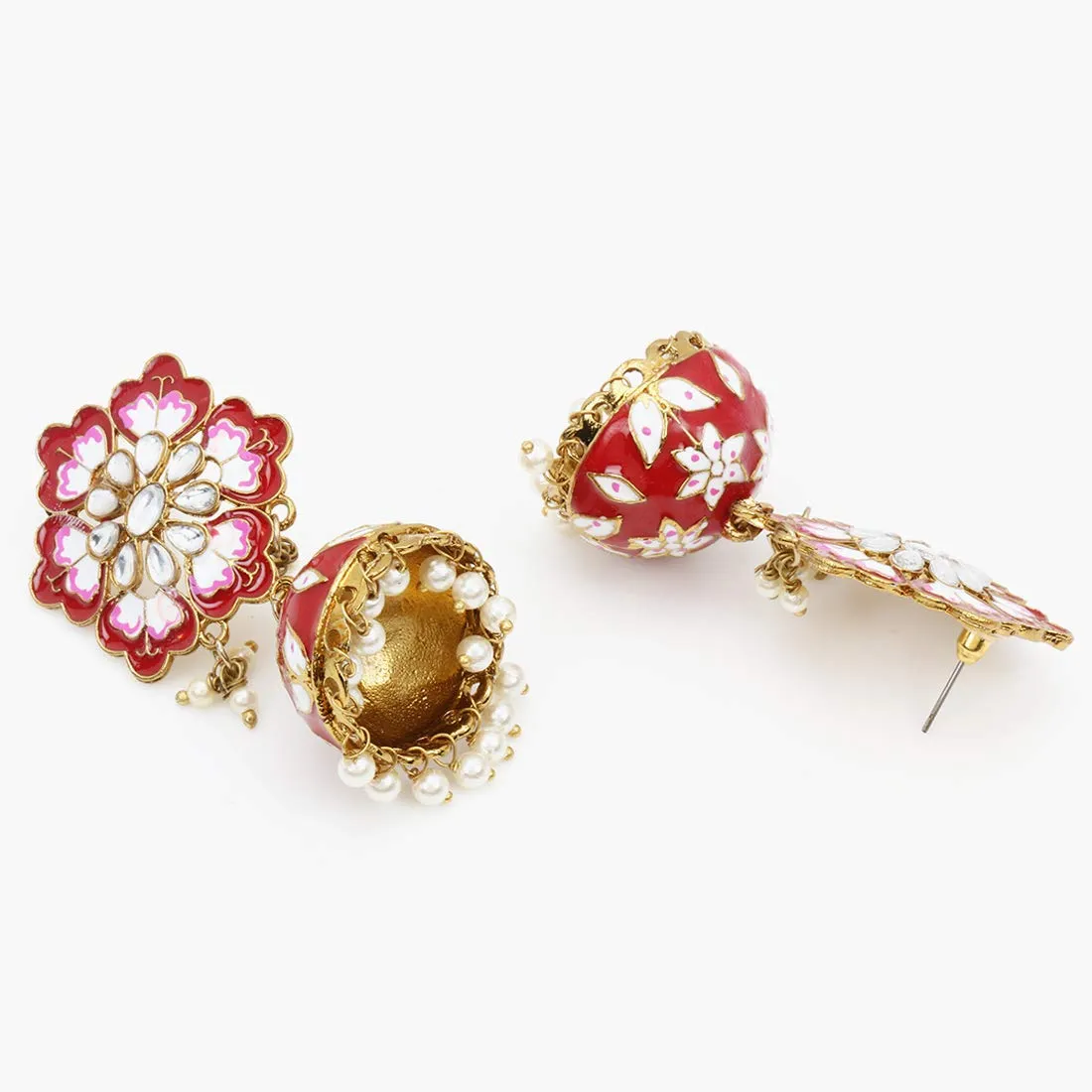 Yellow Chimes Meenakari Jhumka Earrings Handcrafted Stylish Gold toned Traditional Flower Jhumka/Jhumki Earrings for Women & Girls (Red)