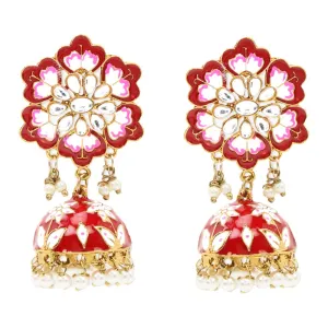 Yellow Chimes Meenakari Jhumka Earrings Handcrafted Stylish Gold toned Traditional Flower Jhumka/Jhumki Earrings for Women & Girls (Red)