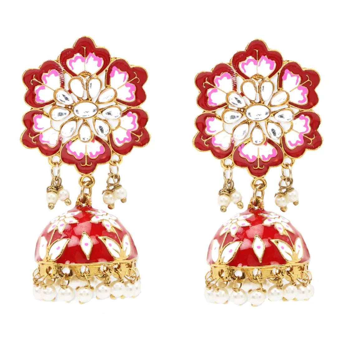 Yellow Chimes Meenakari Jhumka Earrings Handcrafted Stylish Gold toned Traditional Flower Jhumka/Jhumki Earrings for Women & Girls (Red)