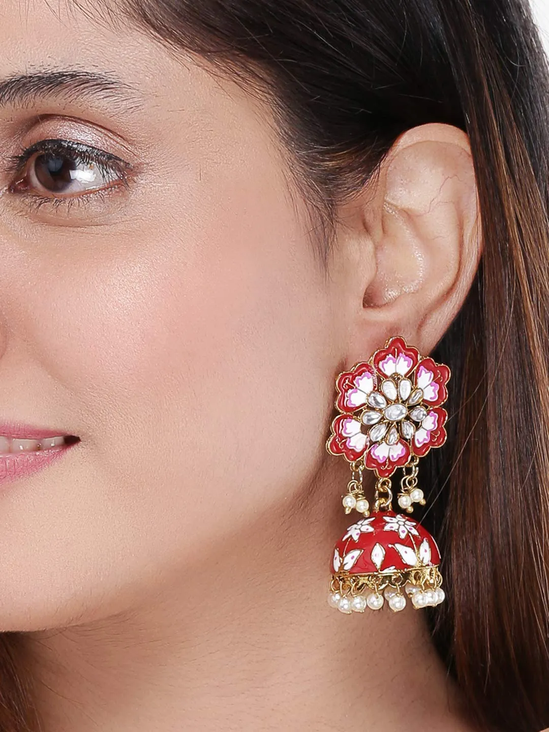 Yellow Chimes Meenakari Jhumka Earrings Handcrafted Stylish Gold toned Traditional Flower Jhumka/Jhumki Earrings for Women & Girls (Red)