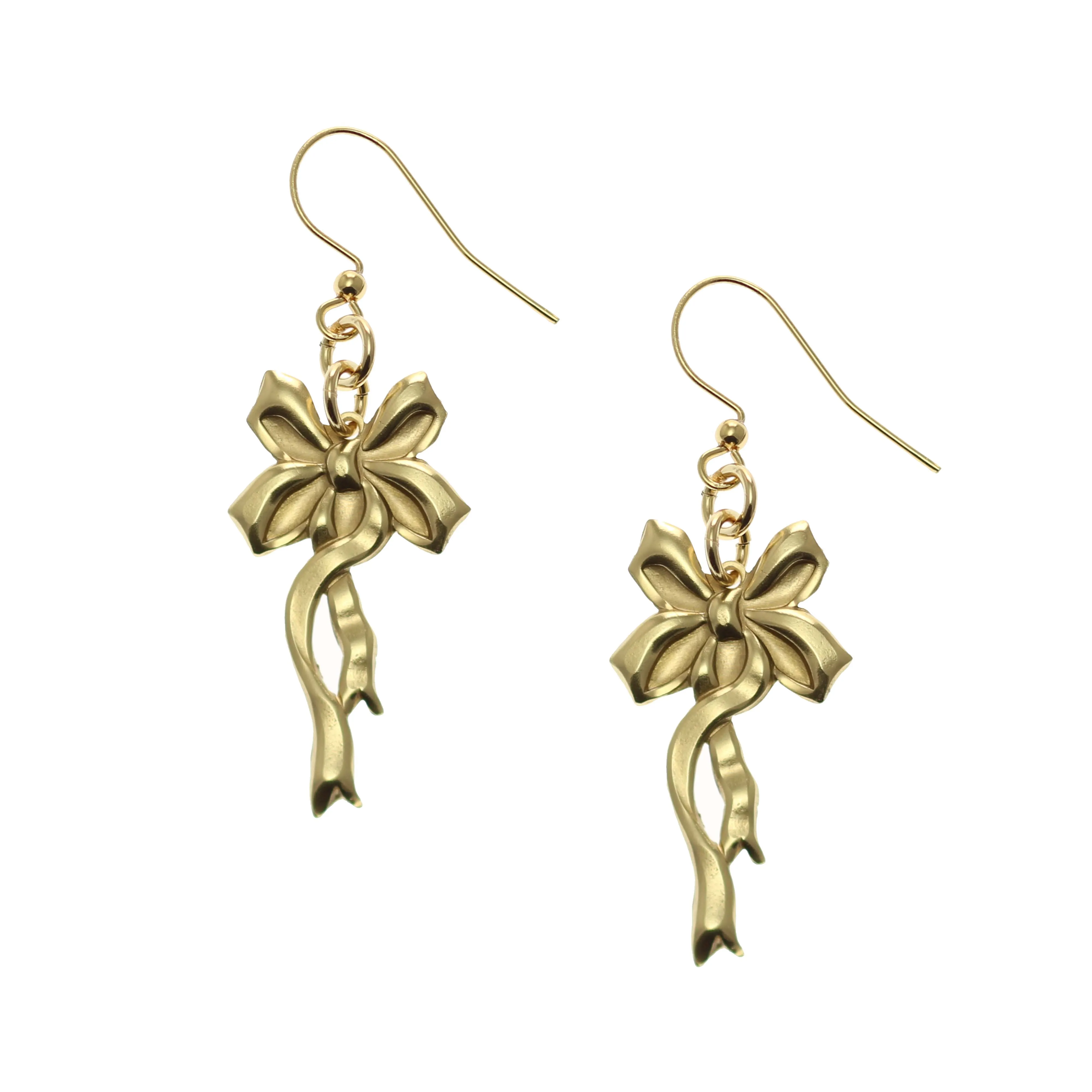 Yuletide Ribbon Nu Gold Brass Dangle Earrings